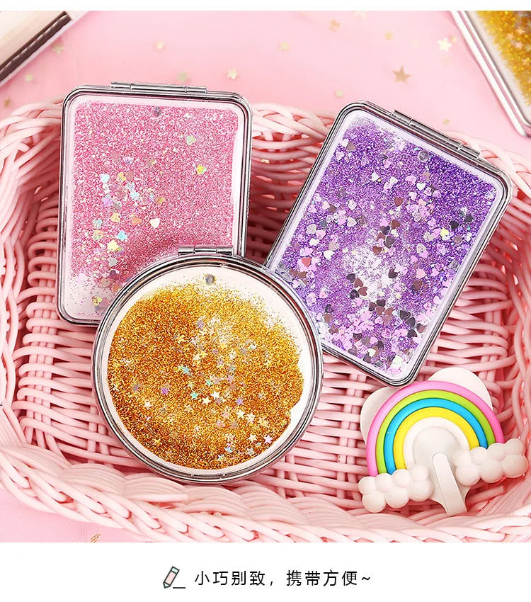 Zonyin Custom Logo Cute Portable Mini Pocket Makeup Compact Handheld Foldable Travel Mirror Double Sparkling Quicksand Small