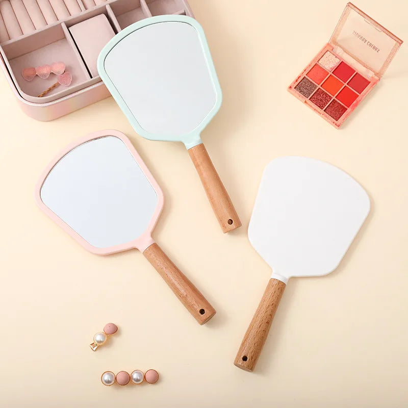 Zonyin Portable Personalized Plastic Round Square Heart Shape Handheld Wood Handle Makeup Mirror Pocket Hand Mirror for Beauty
