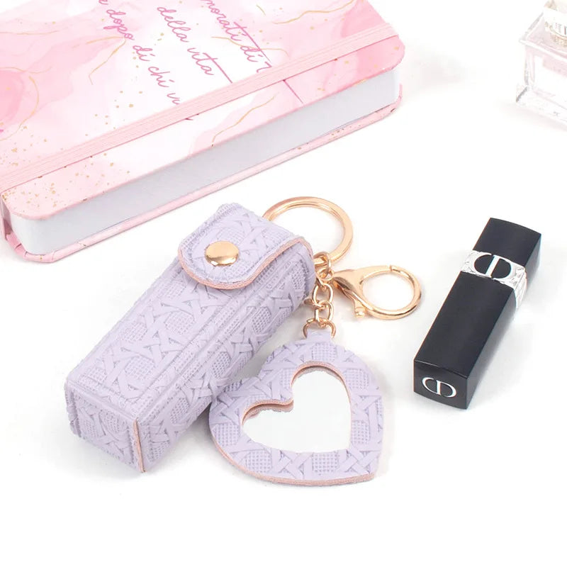 Zonyin New Arrive Pu Leather Small Makeup Mirror Mini Portable Leather Lipstick Holder Keychain for Women's Handbag Accessory