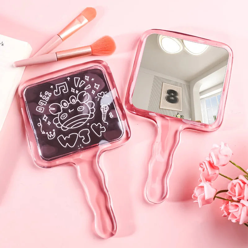 Zonyin Wholesale High Quality Pink Handheld Square Makeup Mirror Transparent Water Ripple Handheld Travel Mirrors for Gifts