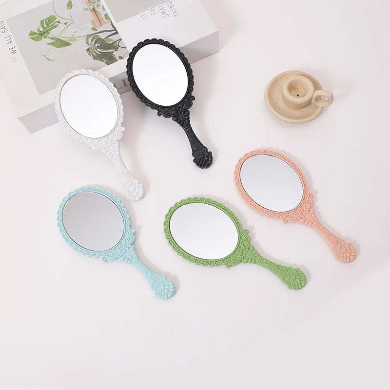 Zonyin Hot Sales European Vintage Travel Makeup Compact Hand Mirror Gold Black Pink Handheld Cosmetic Mirror With Handle