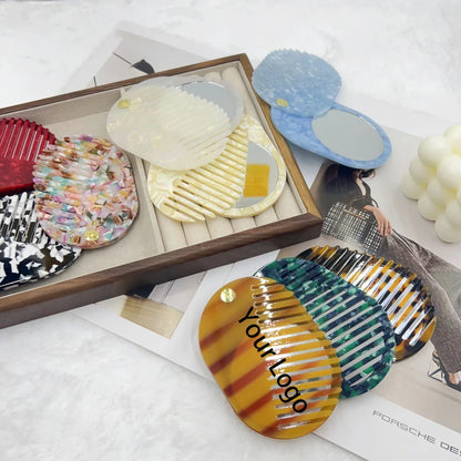 Zonyin Custom Logo High Quality Acetate Pocket Mini Cosmetic Mirror Portable Makeup Small Travel Mirror With Comb for Women