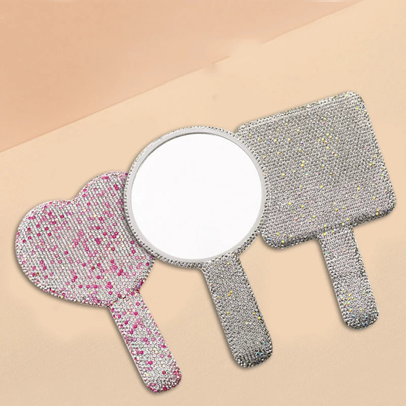 Zonyin Custom Logo Heart Shape Diamond Handheld Makeup Mirror Custom Hand Held Portable Private Label Round Makeup Mirror