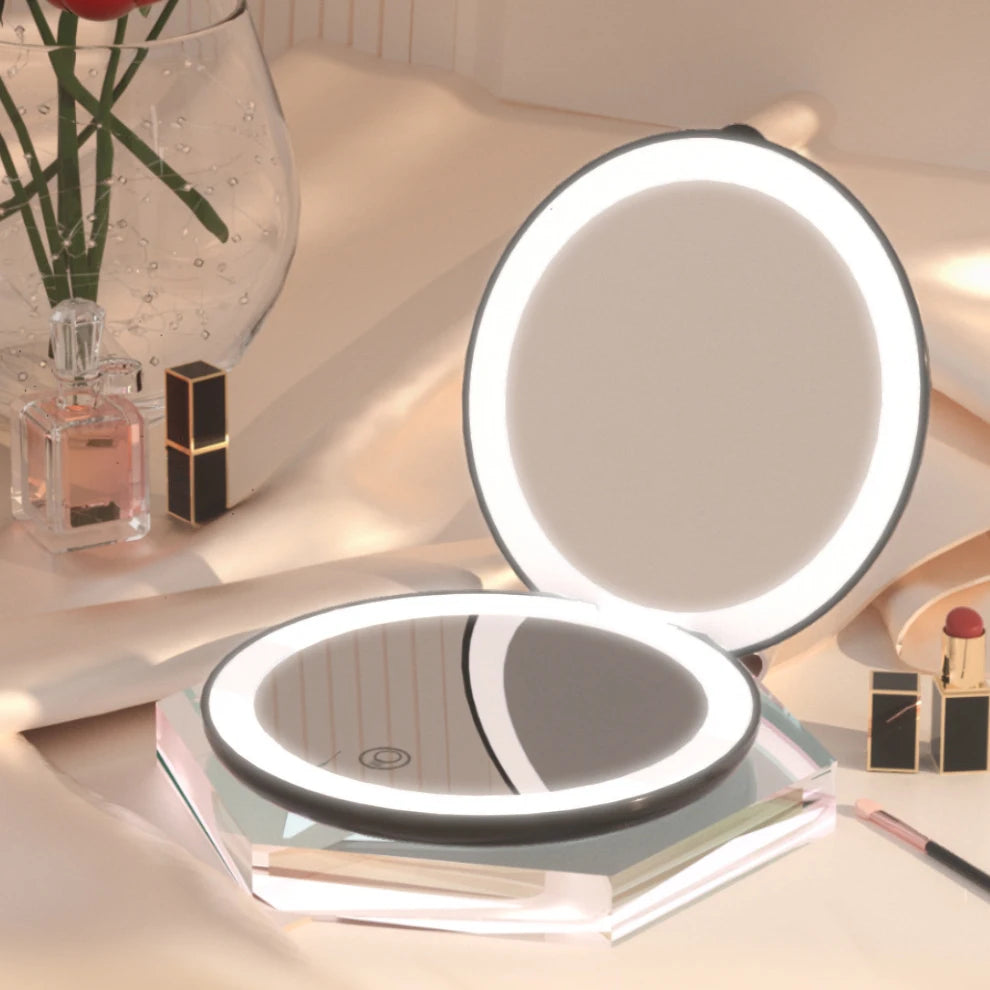 Zonyin Round Magnifying Led Portable Touch Screen Makeup Mirror Vanity Mirror With Light Compact Pocket Travel Mirror With Logo