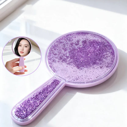 Zonyin New Shiny Quicksand Portable Handheld Makeup Mirror Plastic Round Cute Hand Makeup Mirror for Woman Girls