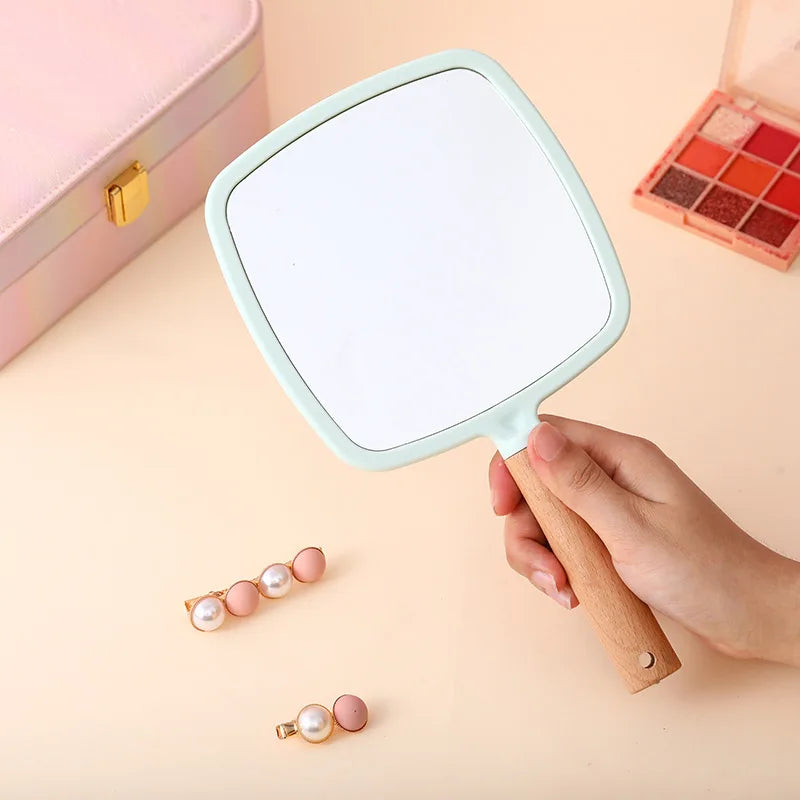 Zonyin Portable Personalized Plastic Round Square Heart Shape Handheld Wood Handle Makeup Mirror Pocket Hand Mirror for Beauty