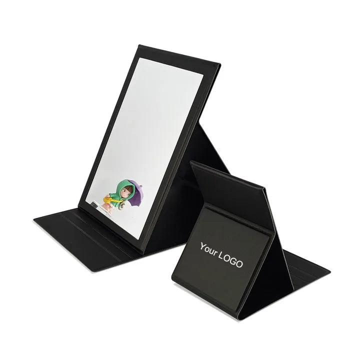 Zonyin High Quality Rectangle Folding PU Leather Mirror Custom Logo Portable Large Desktop Makeup Mirror with Adjustable Stand