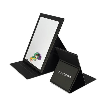 Zonyin High Quality Rectangle Folding PU Leather Mirror Custom Logo Portable Large Desktop Makeup Mirror with Adjustable Stand