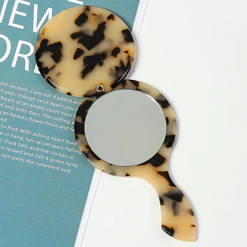 Zonyin Wholesale Custom Portable Handheld Makeup Small Mirror Leopard Pattern Round Rotary Cover Style Acetate Cosmetic Mirror