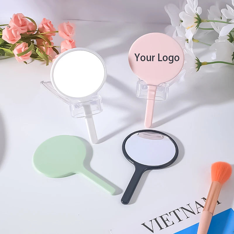 Zonyin Custom Logo Round Small Handheld Makeup Mirror Personalized Handle Pocket Cosmetic Mirror Girl Hand Held Travel Mirror