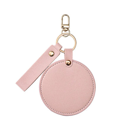 Zonyin LOW MOQ Customized Logo Round Pocket Cosmetic Mirror Pu Leather Portable Small Compact Makeup Mirror with Keychain