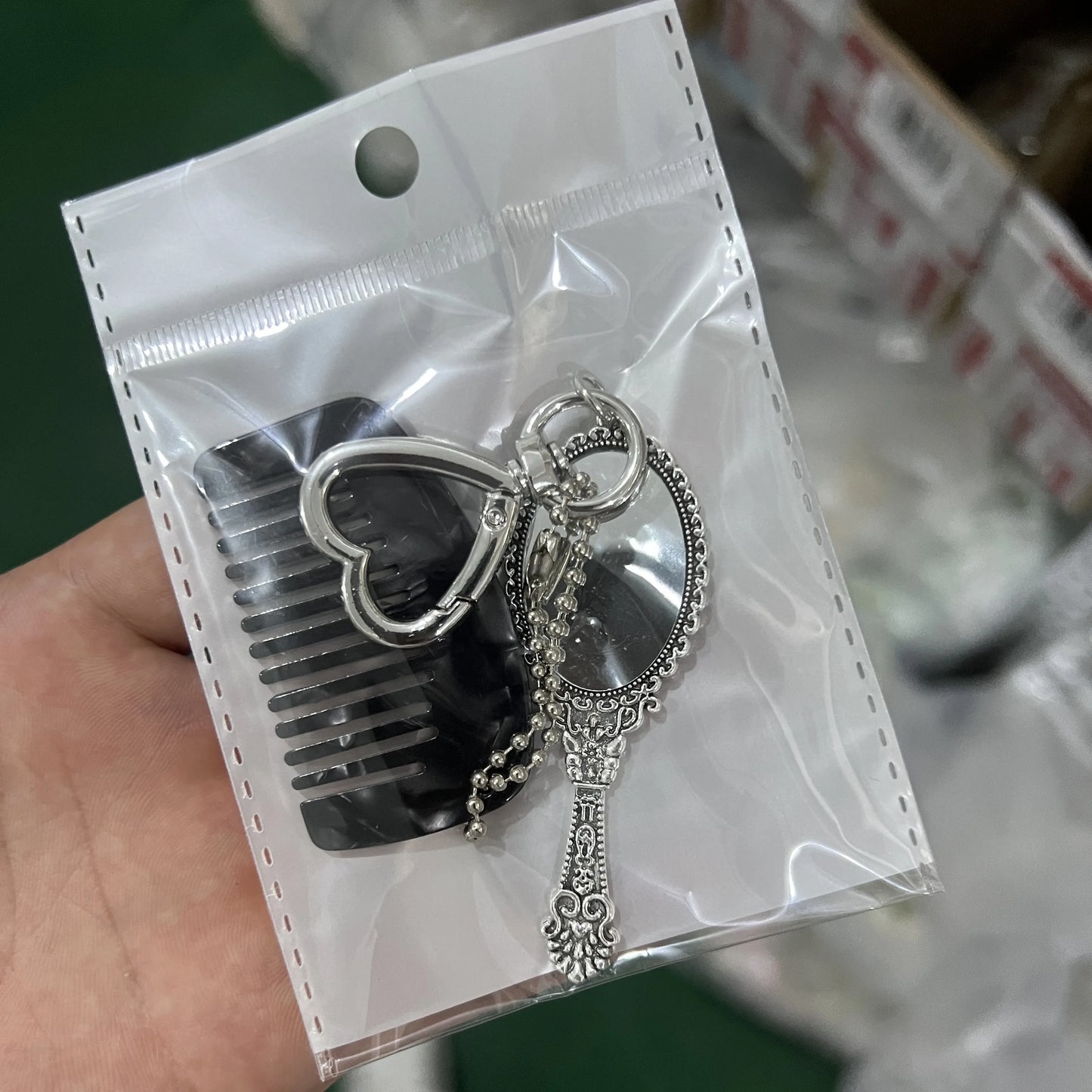 Zonyin Wholesale Mini Handle Handheld Makeup Mirror Keychain with Pendant Comb Mobile Phone Hanging Bag Decorative Accessories
