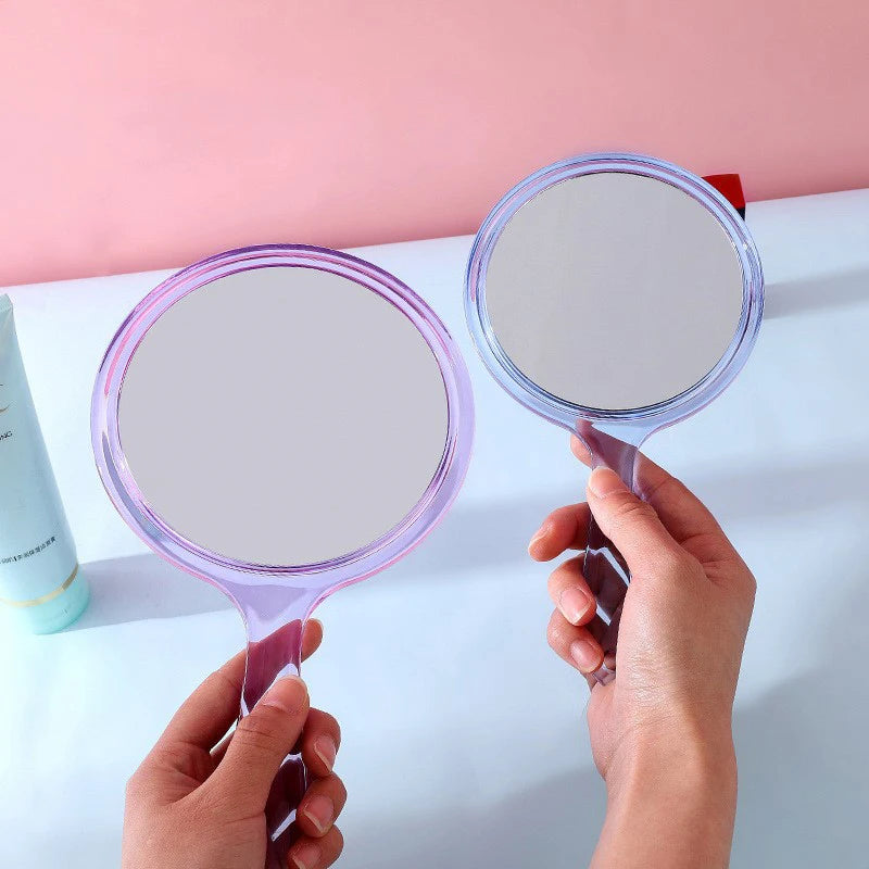 Zonyin Custom Plastic Round Transparent Handheld Double-Sided Makeup Mirror 1X 2X Magnifying Mirror Handle With Custom Logo