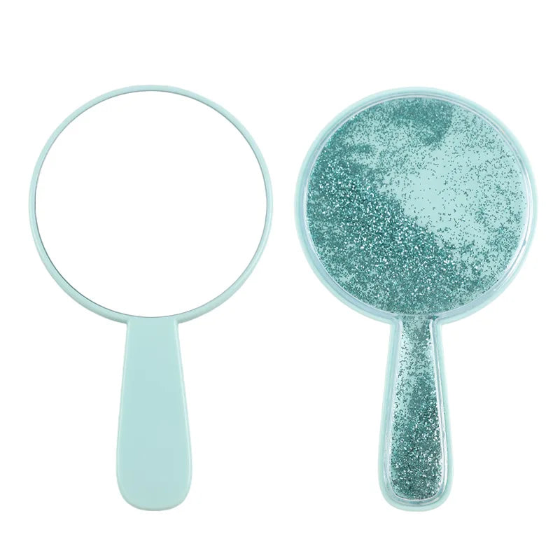 Zonyin New Shiny Quicksand Portable Handheld Makeup Mirror Plastic Round Cute Hand Makeup Mirror for Woman Girls