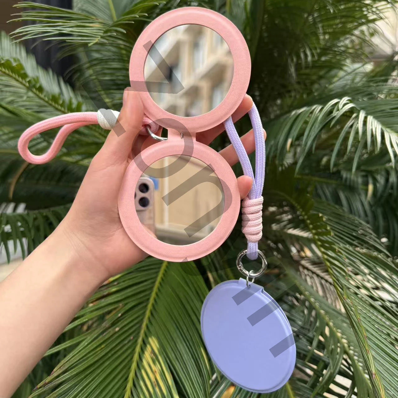 Zonyin New Design Cute Pink Double Sided Round Small Pocket Mirror 1x 2x Magnifying Compact Mirror With Pu Leather Hanging Rope