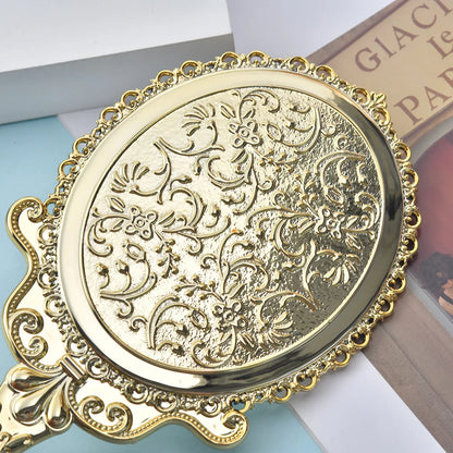Zonyin Hot Sale Luxury Round Vintage Hand Travel Makeup Mirror Oval Plastic Electroplated Gold Retro Handheld Mirror With Handle