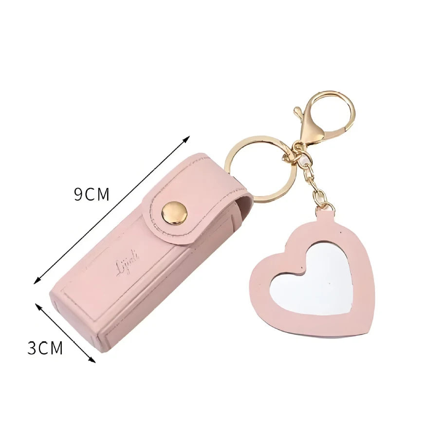 Zonyin High Quality Love Shape PU Leather Makeup Keychain Mirror Portable Heart Small Mirror and Lipstick Holder for Women Girls