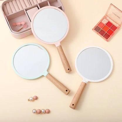 Zonyin Portable Personalized Plastic Round Square Heart Shape Handheld Wood Handle Makeup Mirror Pocket Hand Mirror for Beauty