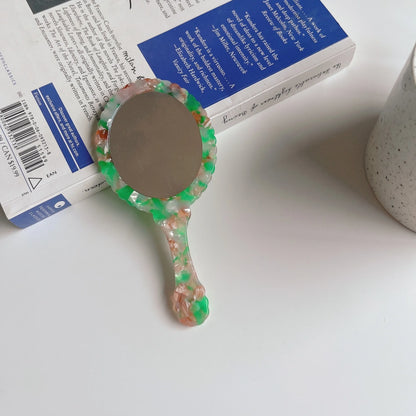 Wholesale Oval Handheld Pocket Mirror Floral White Acetate Portable Travel Makeup Mirror with Small Handle Zonyin