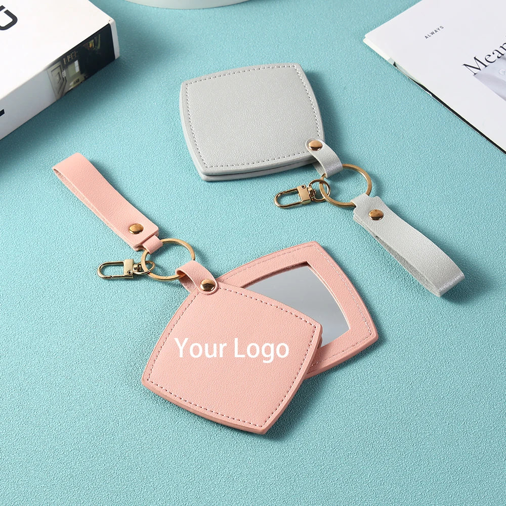 Zonyin New Custom Logo Rotatable Square Makeup Mirror Pu Leather Pocket Mirror Compact Cosmetic Travel Mirror With Keychain