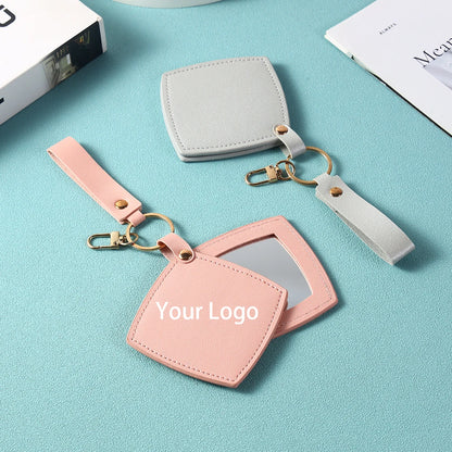 Zonyin New Custom Logo Rotatable Square Makeup Mirror Pu Leather Pocket Mirror Compact Cosmetic Travel Mirror With Keychain