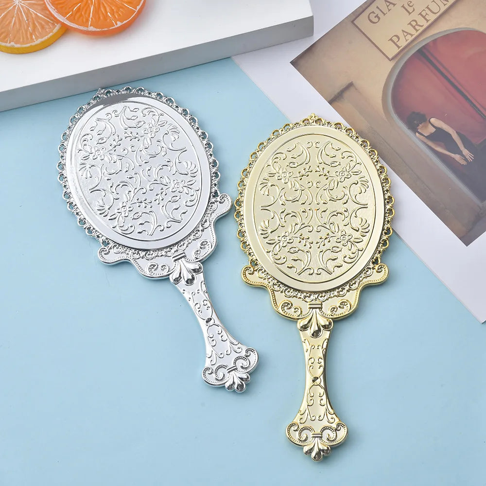 Zonyin Hot Sale Luxury Round Vintage Hand Travel Makeup Mirror Oval Plastic Electroplated Gold Retro Handheld Mirror With Handle