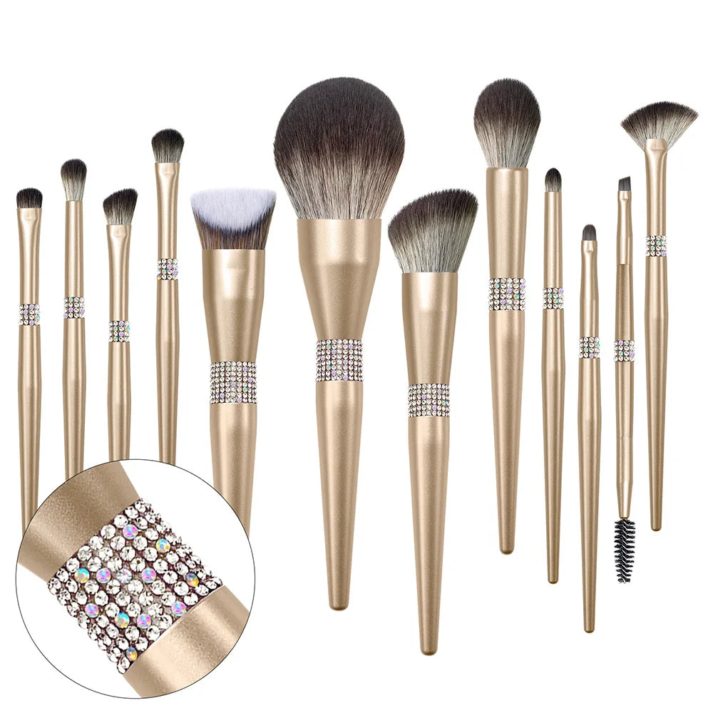 Zonyin Luxury 12Pcs Champagne Gold Soft Private Label Makeup Brushes Bling Glitter Diamond Makeup Brush Set With Rhinestone