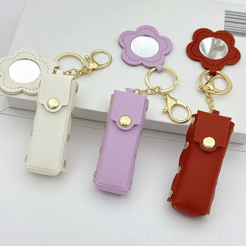Zonyin PU Leather Flower Shaped Portable Mini Makeup Mirror With Lipstick Holder for Women Cosmetic Mirror Keychain  Accessories