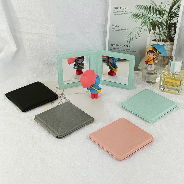 Zonyin Dual Sided 2X Magnification Small Glass Mirror Square Folding Pu Leather Handheld Cosmetic Pocket Mirror for Women Girl