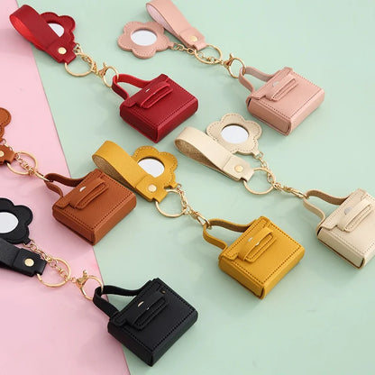 Zonyin PU Leather Mini Bag Storage with Flower Shape  Makeup Mirror Earphone Bag Keychain Pendant