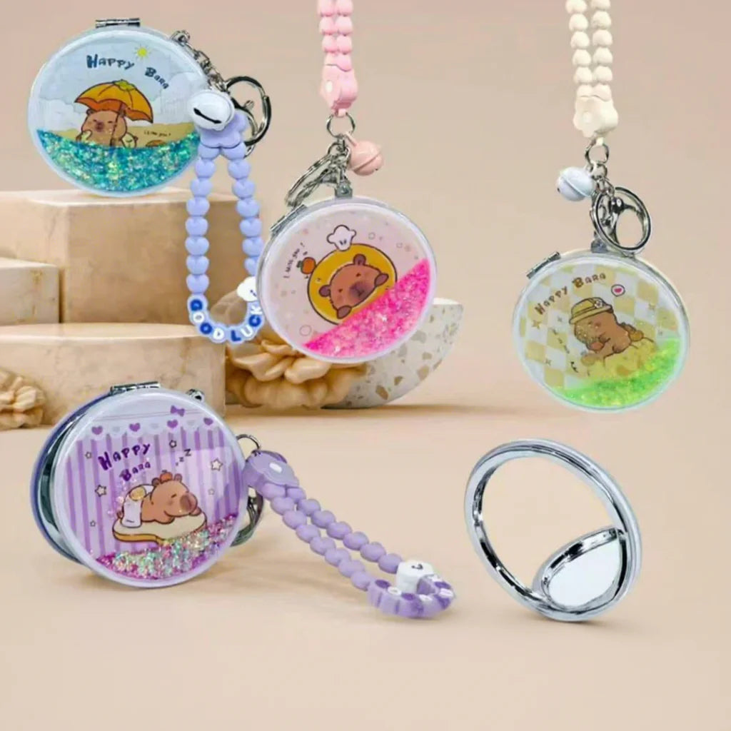 Zonyin Round Quicksand Folding Compact Mirror Portable Cute Capybara Hanging Rope Makeup Mirror Bag Pendant