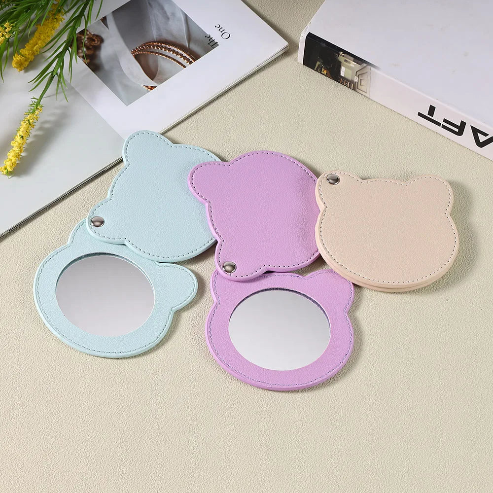 Zonyin Customized Personalized Logo Pu Leather Glass Mirror Lovely Black Bear Shaped Pocket Makeup Mirrors for Travel