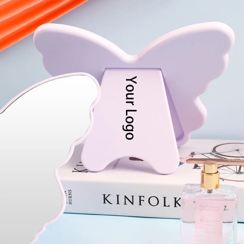 Zonyin Customized Logo Personalized Folding Desktop Cosmetic Mirror Large Cute Butterfly Shape Plastic Table Makeup Mirror