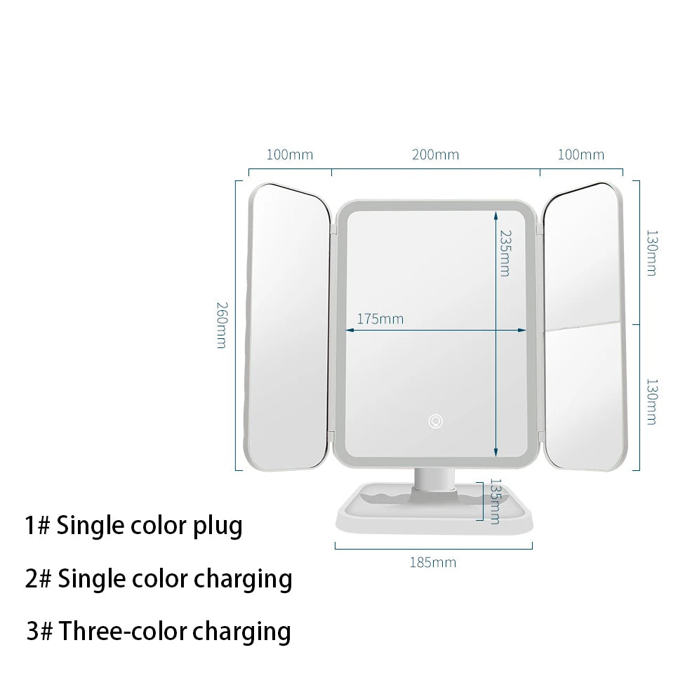 Zonyin Square Tri-Fold LED Lighted Makeup Mirror Desktop 3X Magnifying Touch Control Foldable LED Cosmetic Mirror with Lights