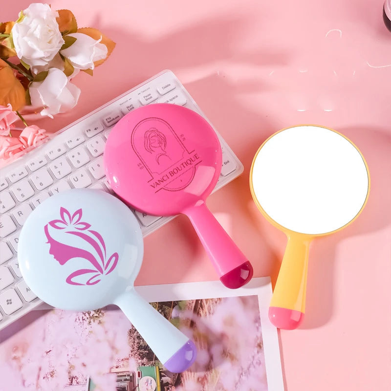Zonyin Macaroon Color Portable Cosmetic Mirror with Cute Handle Plastic Hand-held Travel Mirror Customized Logo