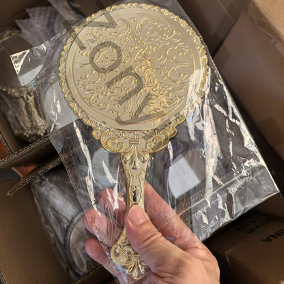 Zonyin Hot Sale Luxury Round Vintage Hand Travel Makeup Mirror Oval Plastic Electroplated Gold Retro Handheld Mirror With Handle