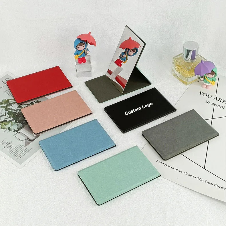 Zonyin High Quality Folding Rectangle Pu Leather Standing Makeup Mirror Embossed Logo Portable Desktop Pocket Mirror for Travel