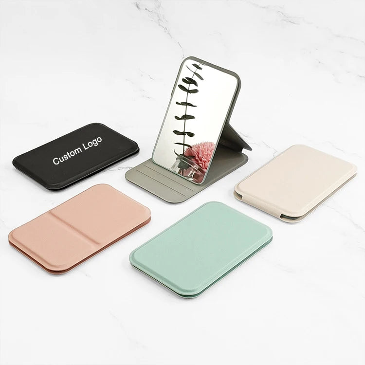 Zonyin High Quality Pu Leather Pocket Mirror LOW MOQ Custom Embossed Logo Folding Portable Travel Makeup Mirror for Women
