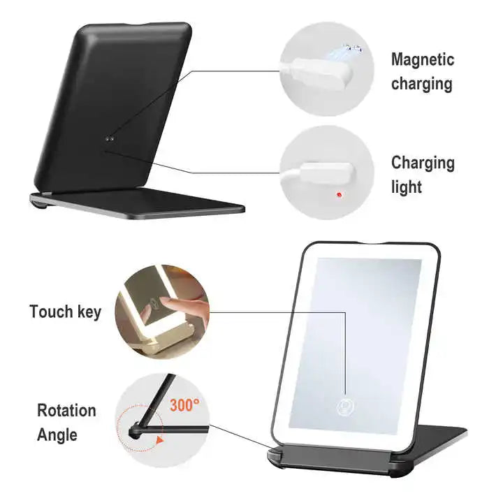 Zonyin Customized Logo Touch Screen Rechargeable Portable Make up Cosmetic Vanity With Led Light Folding Makeup Travel Mirror