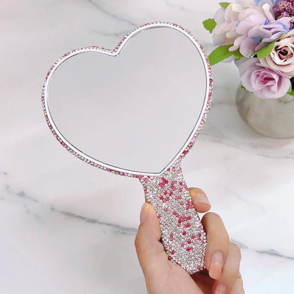 Zonyin Custom Logo Heart Shape Diamond Handheld Makeup Mirror Custom Hand Held Portable Private Label Round Makeup Mirror