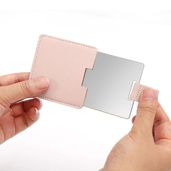 Zonyin Promotion Gift Cheap Square Shaped Pu Leather Small Mirror No Break Stainless Steel Metal Pocket Mirror with Custom Logo