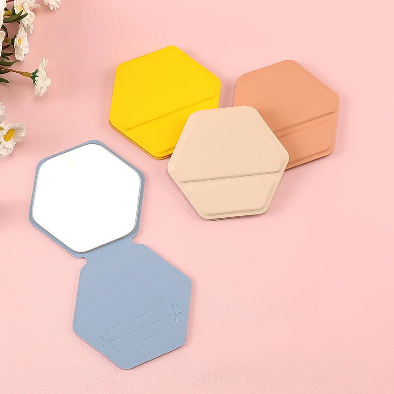 Zonyin New Hexagonal Shape Portable Desktop Small TravelMirror Custom Logo Folding PU Leather Pocket Standing Mirror for Women