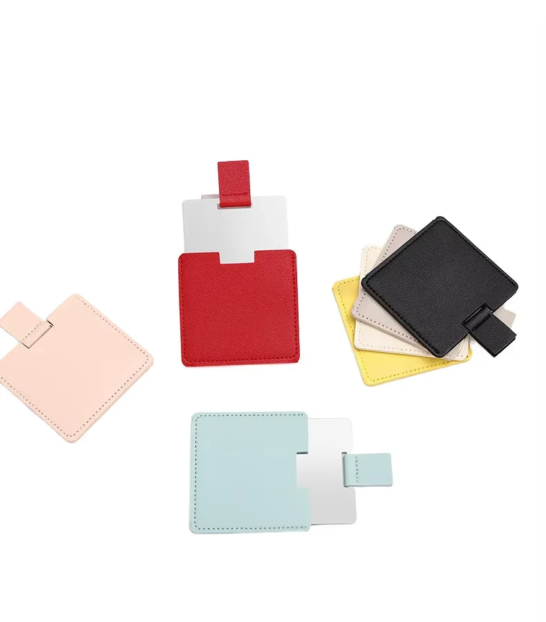 Zonyin Promotion Gift Cheap Square Shaped Pu Leather Small Mirror No Break Stainless Steel Metal Pocket Mirror with Custom Logo