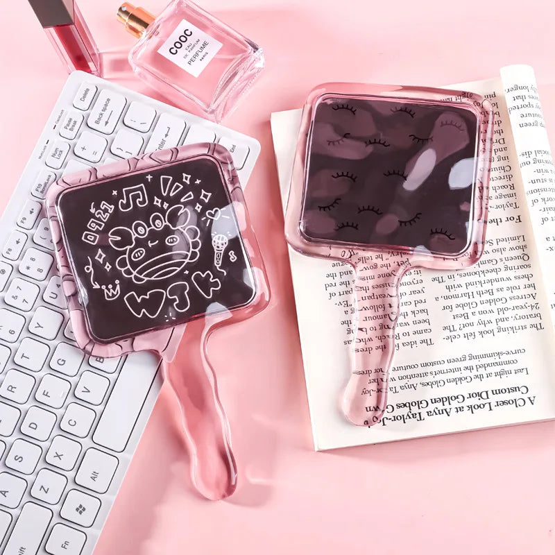 Zonyin Wholesale High Quality Pink Handheld Square Makeup Mirror Transparent Water Ripple Handheld Travel Mirrors for Gifts