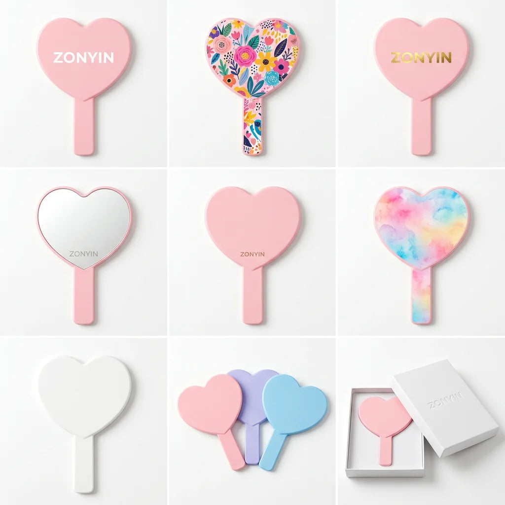 Zonyin Heart Shape Hand Cosmetic Mirror Custom logo Plastic Portable Handheld Makeup Mirror Promotional Business Gift