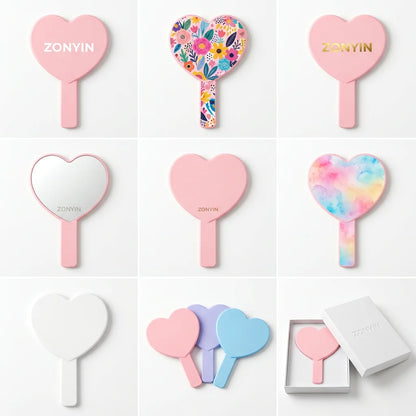 Zonyin Heart Shape Hand Cosmetic Mirror Custom logo Plastic Portable Handheld Makeup Mirror Promotional Business Gift