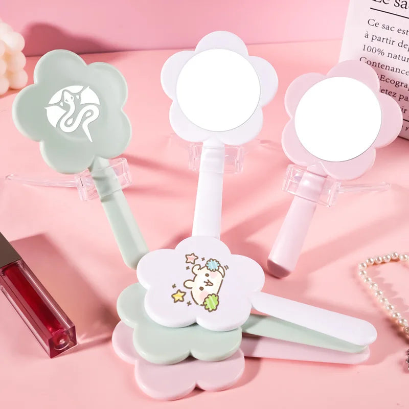 Zonyin Wholesale Custom Plastic Flower Shape HandHeld Mirror Small Round Pink Hand Held Makeup Mirror for Women Gift