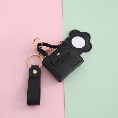 Zonyin PU Leather Mini Bag Storage with Flower Shape  Makeup Mirror Earphone Bag Keychain Pendant