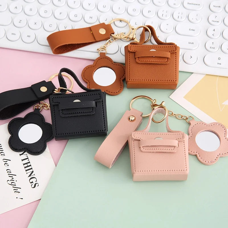 Zonyin PU Leather Mini Bag Storage with Flower Shape  Makeup Mirror Earphone Bag Keychain Pendant