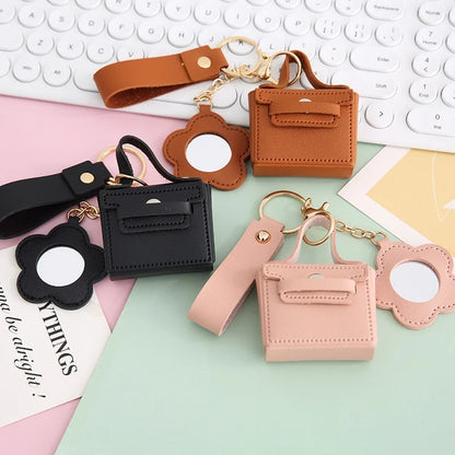 Zonyin PU Leather Mini Bag Storage with Flower Shape  Makeup Mirror Earphone Bag Keychain Pendant